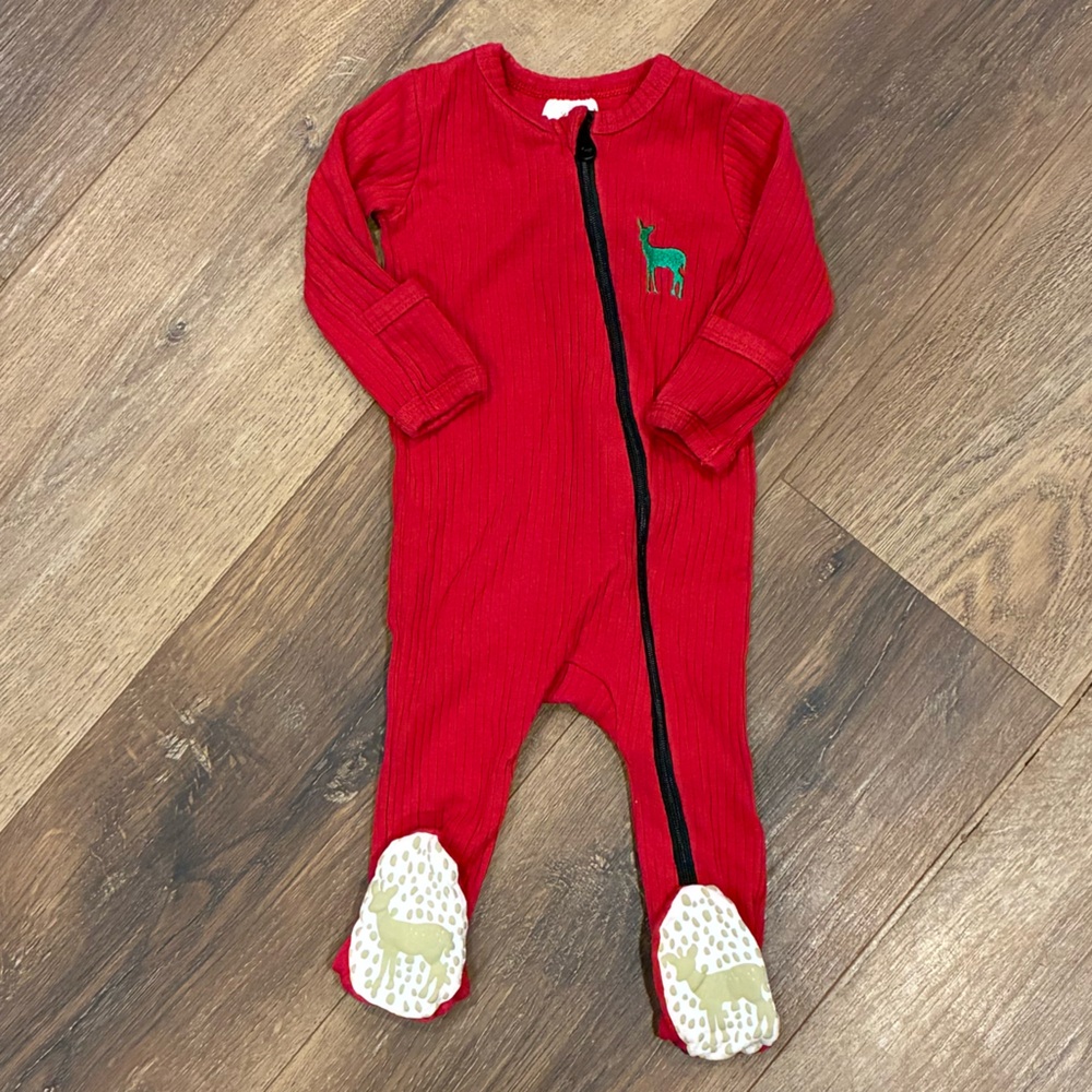 Velvet Fawn Red Ribbed Footie Sleeper Christmas Pajamas Holiday Outfit 0-3m